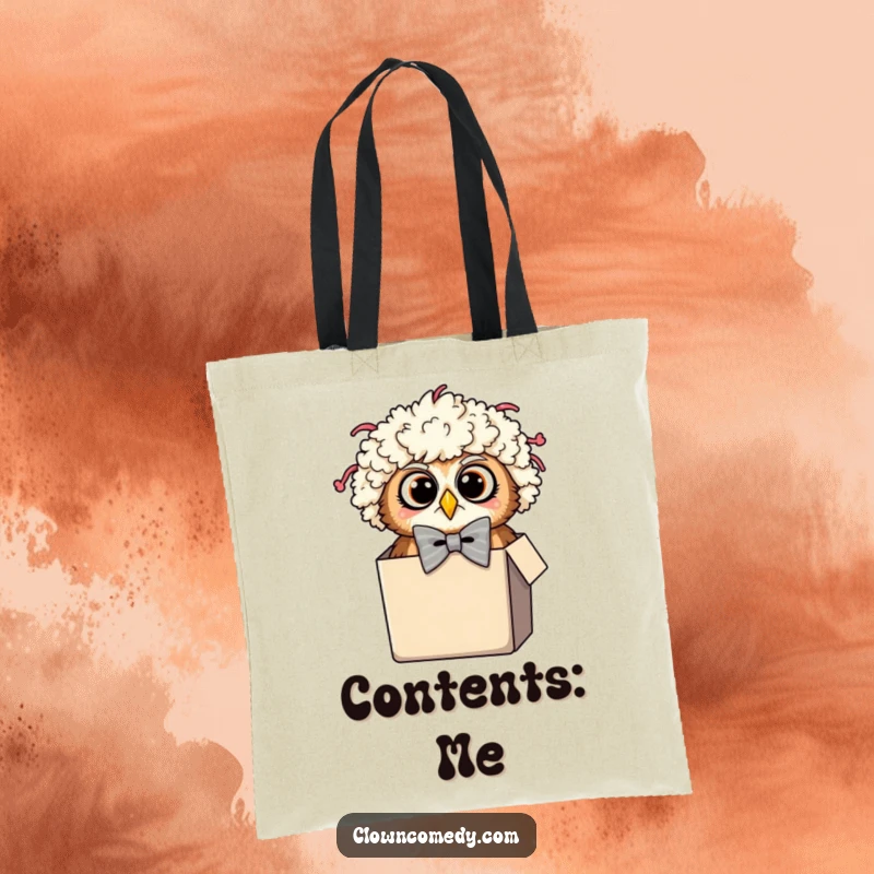 Funny Owl Clown Tote Bag: A surprised owl in a clown wig and oversized bowtie peeking from a tiny box, for surprise and humor.