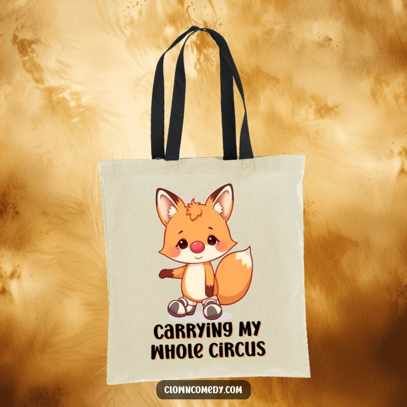 Funny tote bag with a cheerful fox clown, nose, and floppy shoes, perfectly balanced on one paw, ready for stylish errands.