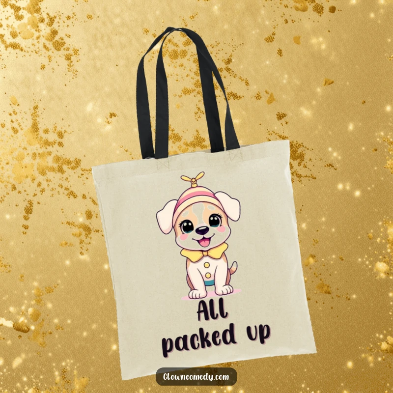 Funny Puppy Clown Tote Bag: A bouncing puppy in a clown outfit with a tiny spinning propellor on its head, for bouncy errands and smiles.